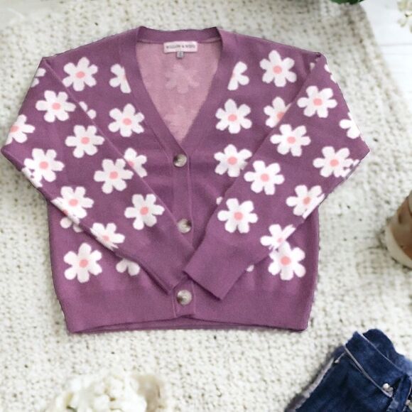 WILLOW & WIND WOMENS LONG SLEEVE CARDIGAN SWEATER DAISY FLORAL BUTTON FRONT MED. - Picture 1 of 6